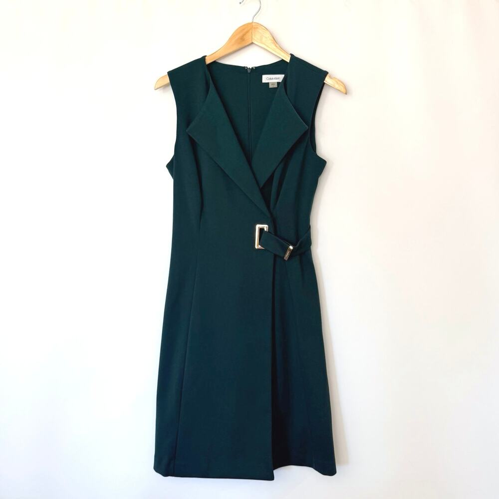 Calvin Klein Dress Size 6 Forest Green Double Breasted Wrap Collar Belt Knit